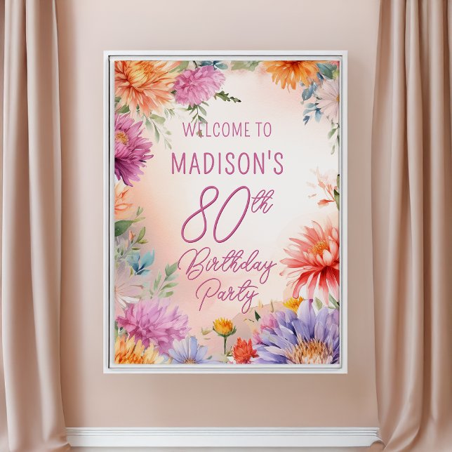 Affiche Fête d'anniversaire 80 ans Boho Aster Fleurs Flora (Boho Aster Flowers Floral 80th Birthday Party Poster -- Print | Digital Download)