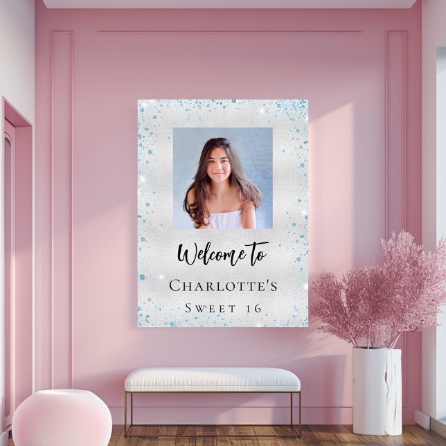 Affiche fête d'anniversaire argent bleu parties scintillan (Créateur téléchargé)