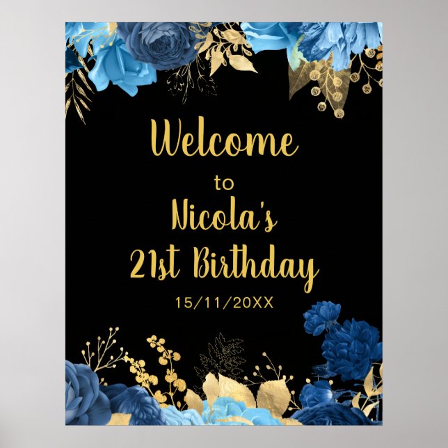 Affiche Fête d'anniversaire aux fleurs bleues et or élégan (Devant)