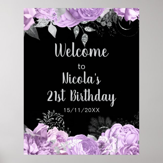 Affiche Fête d'anniversaire aux fleurs de lilas et argent  (Devant)