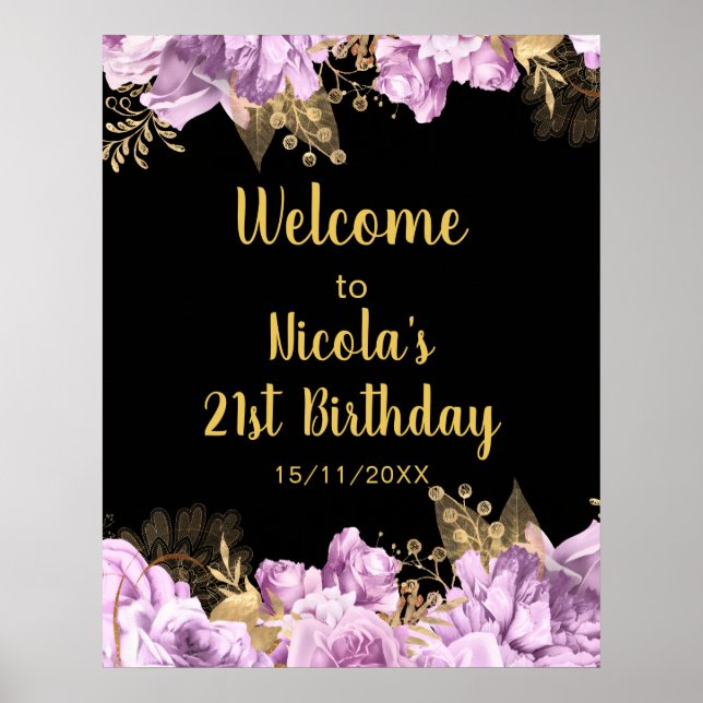 Affiche Fête d'anniversaire aux fleurs de lilas et or élég (Devant)