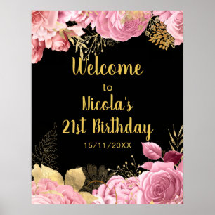 Affiche Fête d'anniversaire aux fleurs roses et dorées élé
