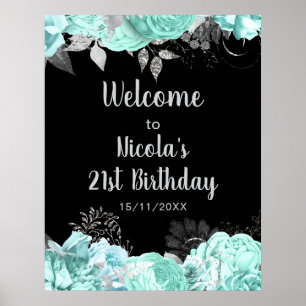 Affiche Fête d'anniversaire aux fleurs vertes et argentées