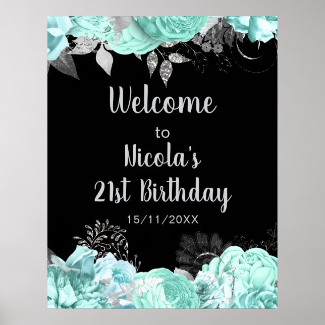 Affiche Fête d'anniversaire aux fleurs vertes et argentées (Devant)