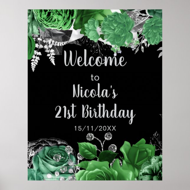 Affiche Fête d'anniversaire aux fleurs vertes et argentées (Devant)