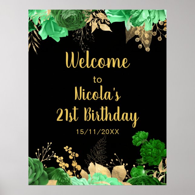 Affiche Fête d'anniversaire aux fleurs vertes et or élégan (Devant)