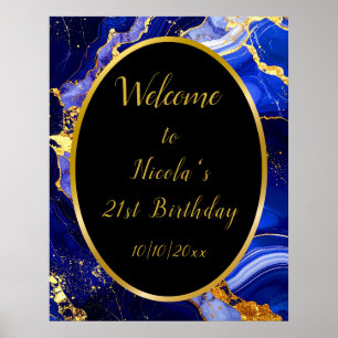 Affiche Fête d'anniversaire avec agate marbrée bleu royal