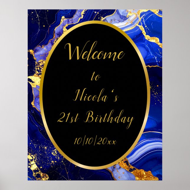 Affiche Fête d'anniversaire avec agate marbrée bleu royal  (Devant)