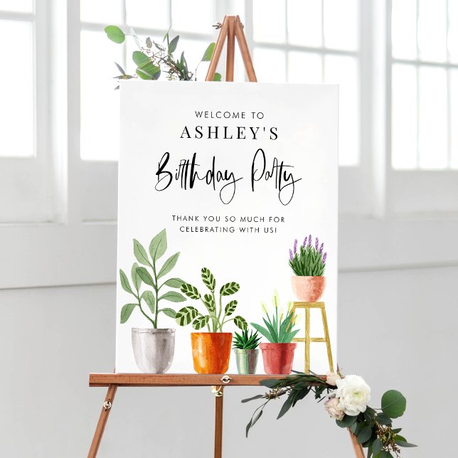 Affiche Fête d'anniversaire avec des plantes en pot à l'aq (Customizable boho birthday party welcome sign featuring watercolor potted houseplants. )