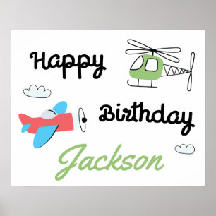 Affiche Fête d'anniversaire avion et hélicoptère