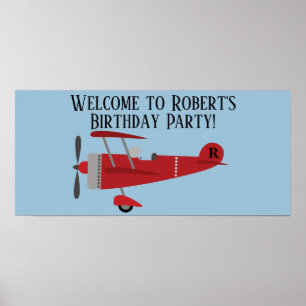 Affiche Fête d'anniversaire bleue d'avion rouge personnali