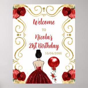 Affiche Fête d'anniversaire Cheveux bruns Princesse Rouge