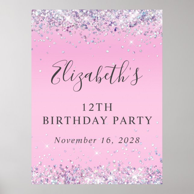 Affiche Fête d'anniversaire de 12 ans Rose Pailleté (Devant)