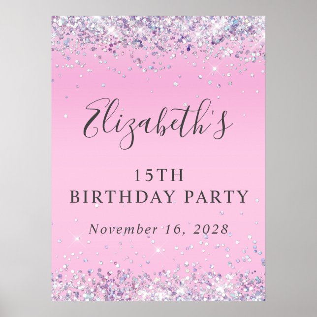 Affiche Fête d'anniversaire de 15 ans Glitter Rose (Devant)