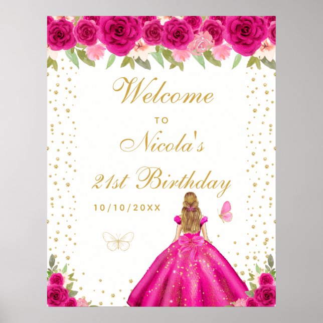 Affiche Fête d'anniversaire de fille aux cheveux blonds ro (Devant)