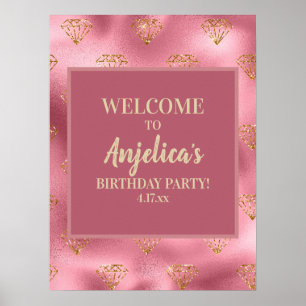 Affiche Fête d'anniversaire de fille avec diamants de pail