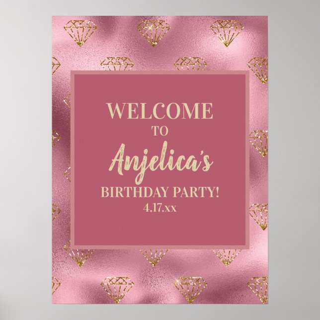 Affiche Fête d'anniversaire de fille avec diamants de pail (Devant)