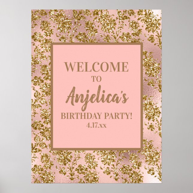 Affiche Fête d'anniversaire de fille avec paillettes de ro (Devant)