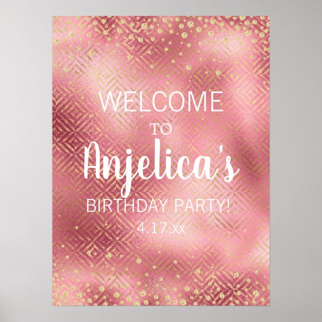 Affiche Fête d'anniversaire de fille avec paillettes d'or  (Devant)