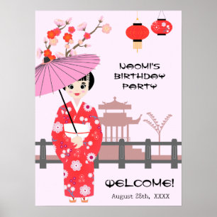 Affiche Fête d'anniversaire de fille japonaise aux cerisie