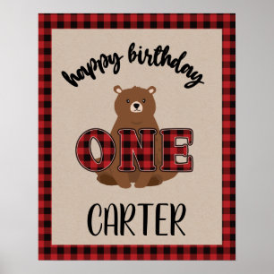 Affiche Fête d'anniversaire de l'ours à carreaux Wild ONE