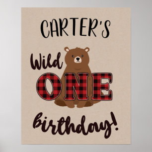 Affiche Fête d'anniversaire de l'ours à carreaux Wild ONE