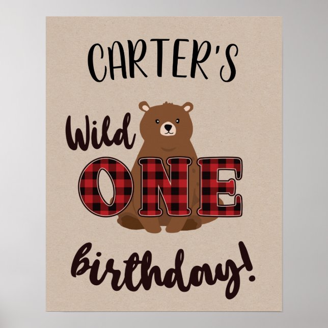 Affiche Fête d'anniversaire de l'ours à carreaux Wild ONE (Devant)