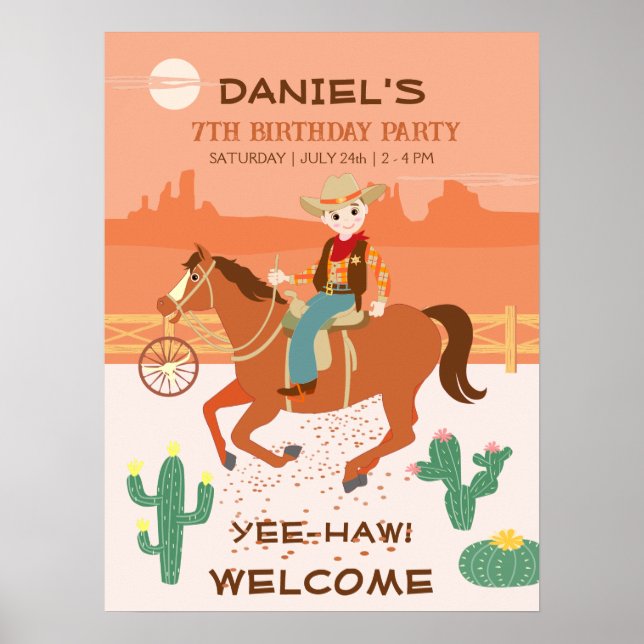 Affiche Fête d'anniversaire de petit cow-boy et cheval sym (Devant)