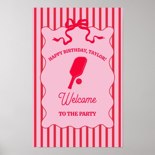 Affiche Fête d'anniversaire de Pickleball rayée rouge et r (Devant)