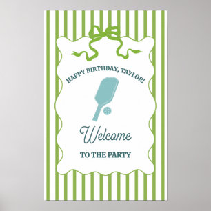 Affiche Fête d'anniversaire de Pickleball rayée verte et b