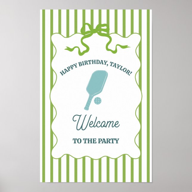 Affiche Fête d'anniversaire de Pickleball rayée verte et b (Devant)