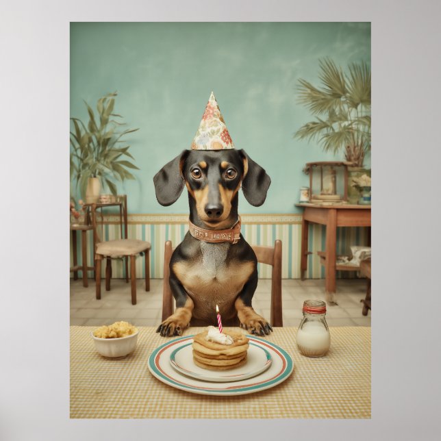 Affiche Fête d'anniversaire de teckel avec crêpes (Devant)