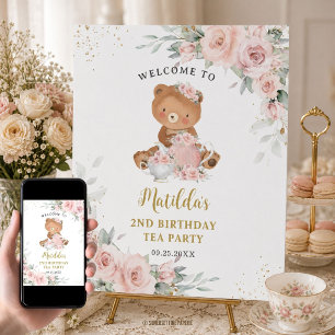 Affiche Fête d'anniversaire de thé à l'ours en peluche flo