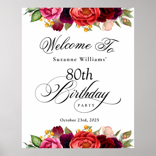 Affiche Fête d'anniversaire des 80 ans Bohème Rustique Aqu (Devant)
