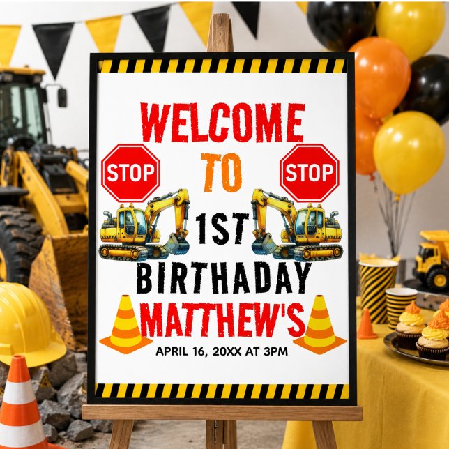 Affiche Fête d'anniversaire du 1er anniversaire d'un camio (Construction Dump Truck 1st Birthday Party Poster)