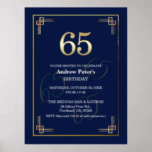 Affiche Fête d'anniversaire élégante Bleu Or 65 ans