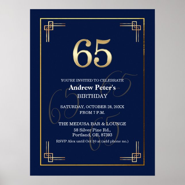 Affiche Fête d'anniversaire élégante Bleu Or 65 ans (Devant)