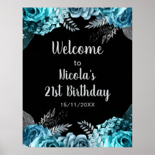 Affiche Fête d'anniversaire élégante fleurs bleues sarcell