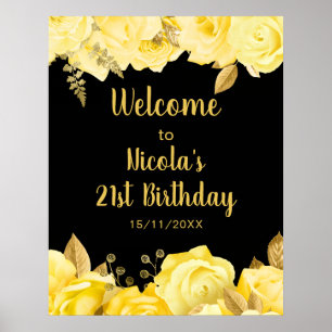 Affiche Fête d'anniversaire élégante fleurs jaunes et or