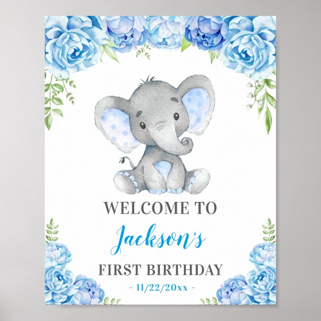 Affiche Fête d'anniversaire éléphant bleu 1er 2ème 3ème Bi (Devant)