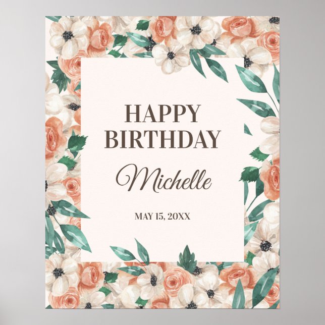 Affiche Fête d'anniversaire Fleurie Rose Pêche Blanc (Devant)