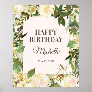 Affiche Fête d'anniversaire Fleurs Blanches Élégantes