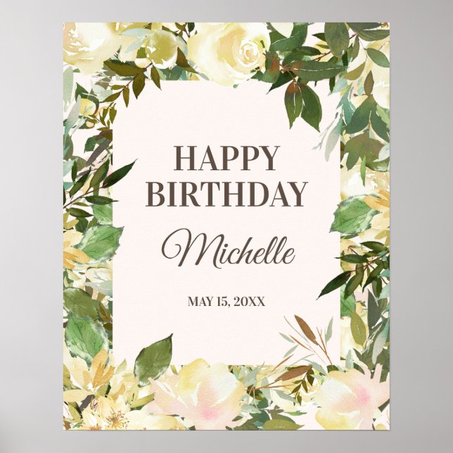Affiche Fête d'anniversaire Fleurs Blanches Élégantes (Devant)