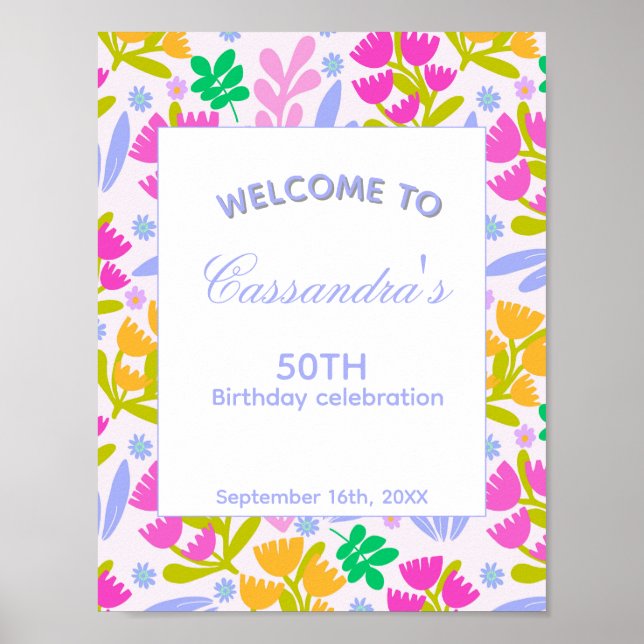 Affiche Fête d'anniversaire florale élégante rose mignonne (Devant)