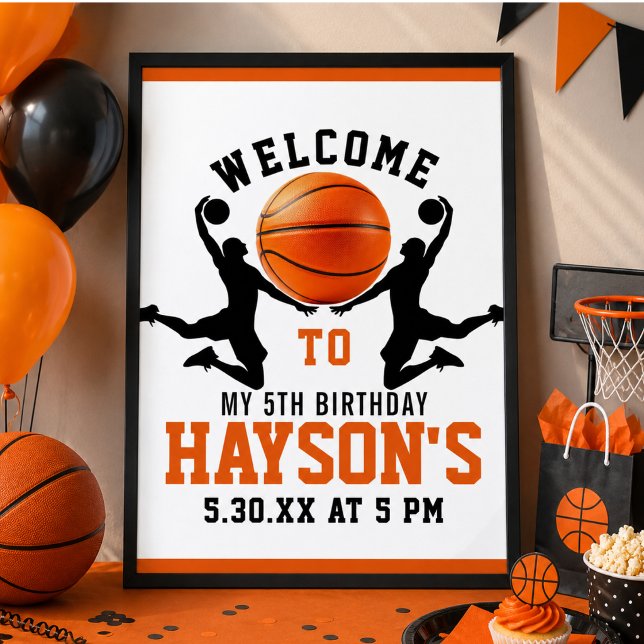 Affiche Fête d'anniversaire garçon 5 ans basket-ball orang (orange basketball Boy 5TH Birthday Party Poster)