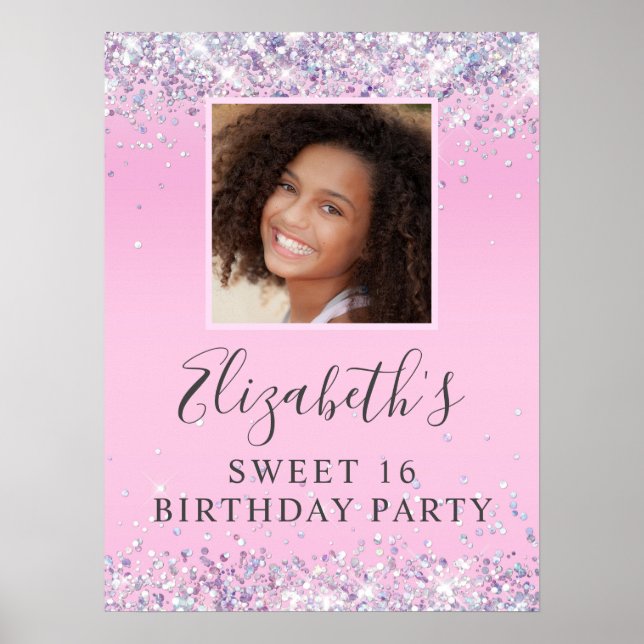 Affiche Fête d'anniversaire Glitter Sweet 16 Rose (Devant)