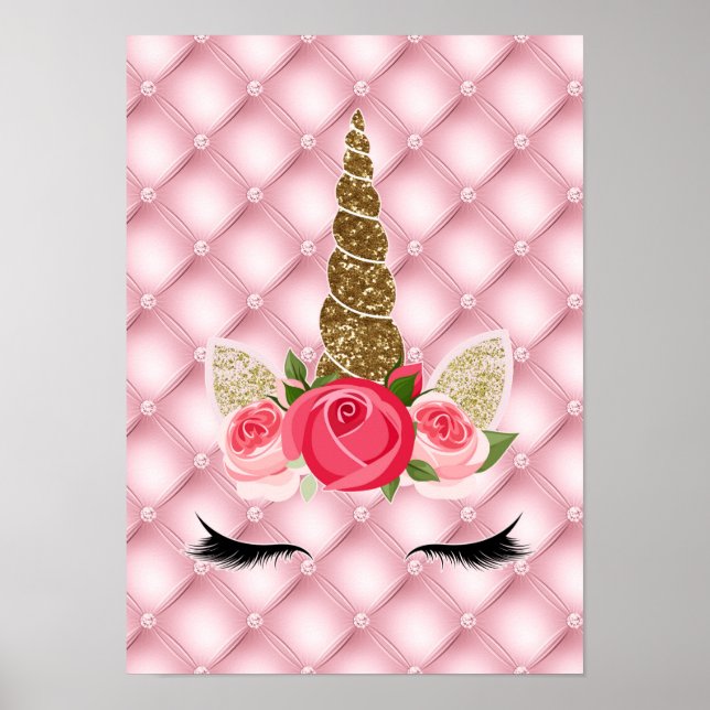 Affiche Fête d'anniversaire licorne paillettes dorées et r (Devant)