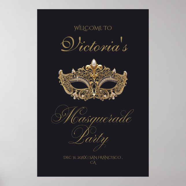 Affiche Fête d'anniversaire Mascarade Or Noir  (Devant)