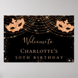 Affiche Fête d'anniversaire masquée en or noir pailleté