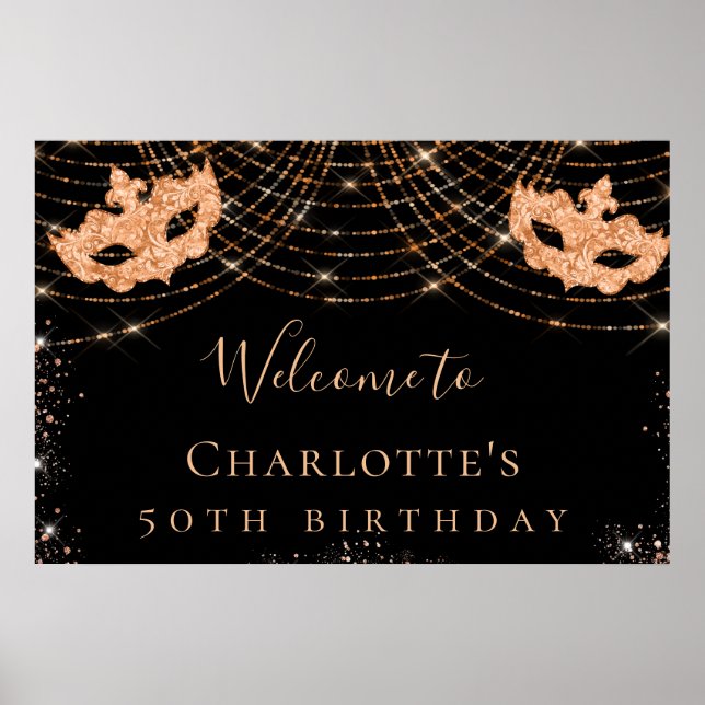 Affiche Fête d'anniversaire masquée en or noir pailleté (Devant)